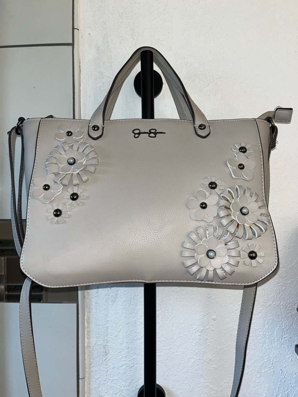 Jessica Simpson Light Gray Floral Applique Satchel with Crossbody Strap